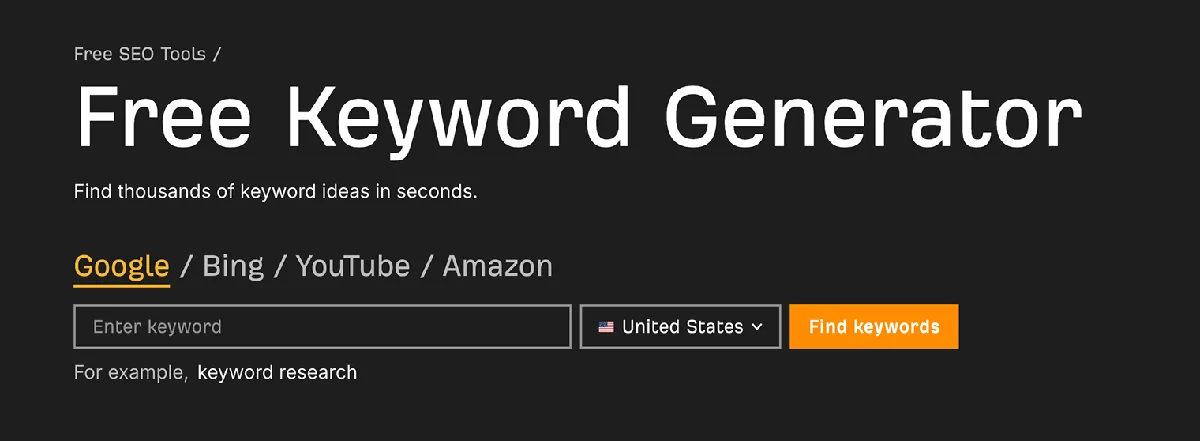 Ahrefs Free Keyword Generator 工具页面，带一个输入种子关键词的搜索框