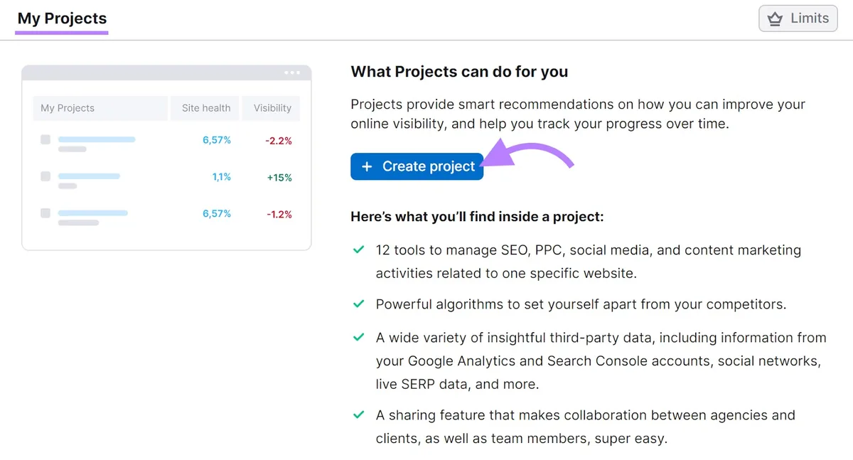 My projects 部分,+ Create project 按钮被突出显示。