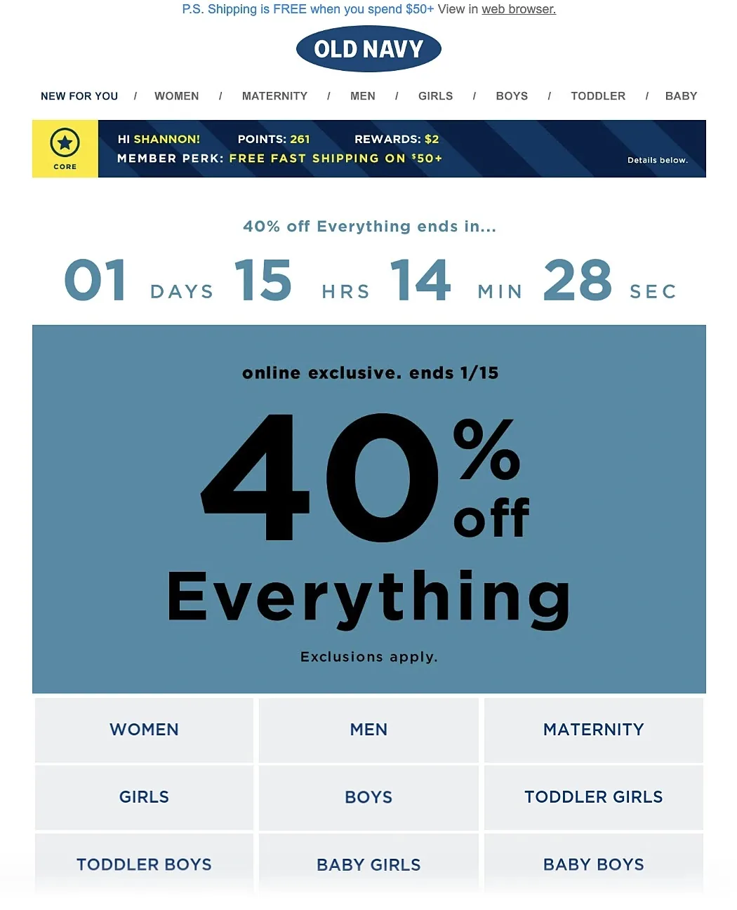 Old Navy 的一封邮件，带有其 40% 特别优惠的倒计时