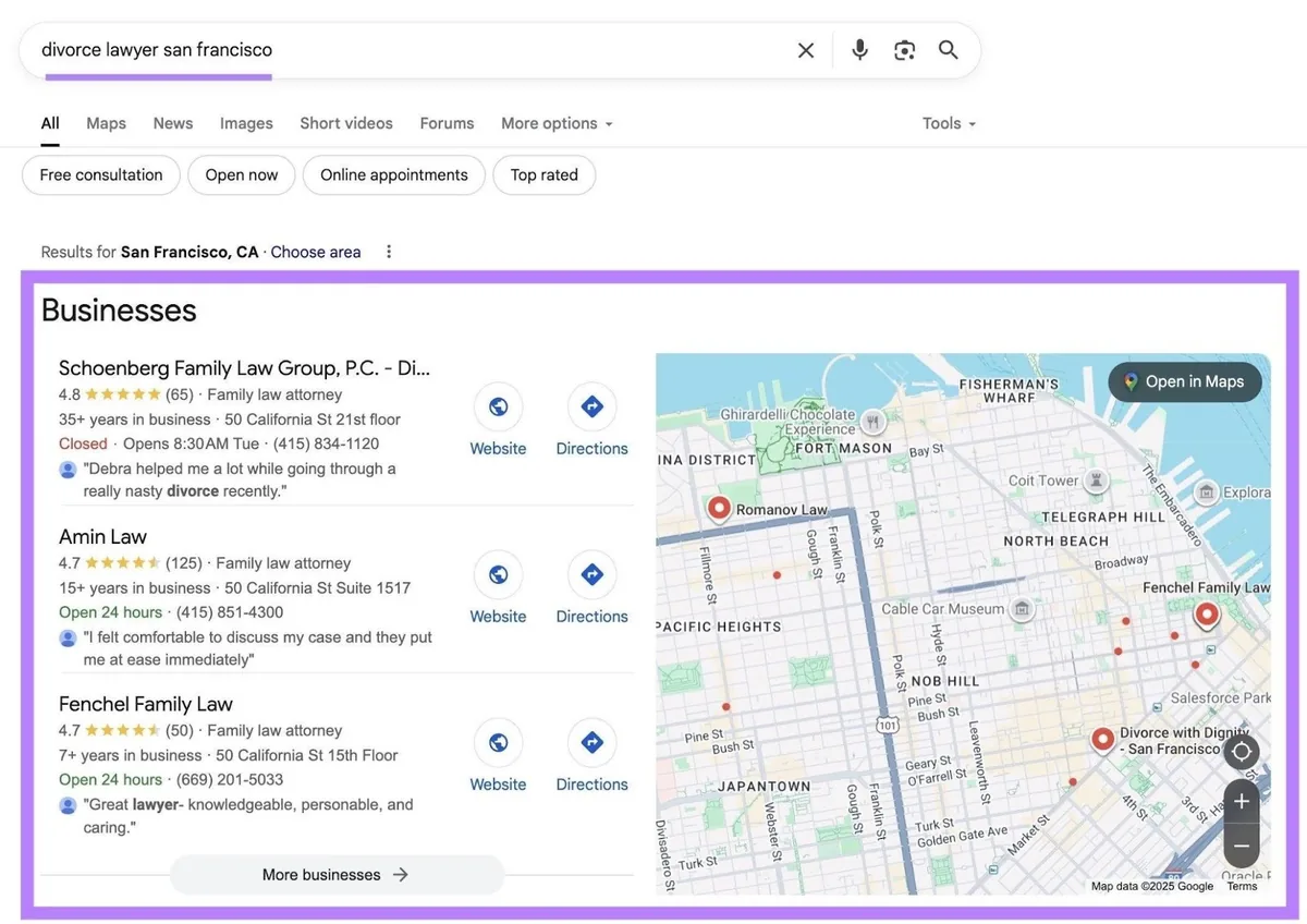 词条“divorce lawyer san francisco”的 Google 搜索结果页面,本地包已高亮显示。