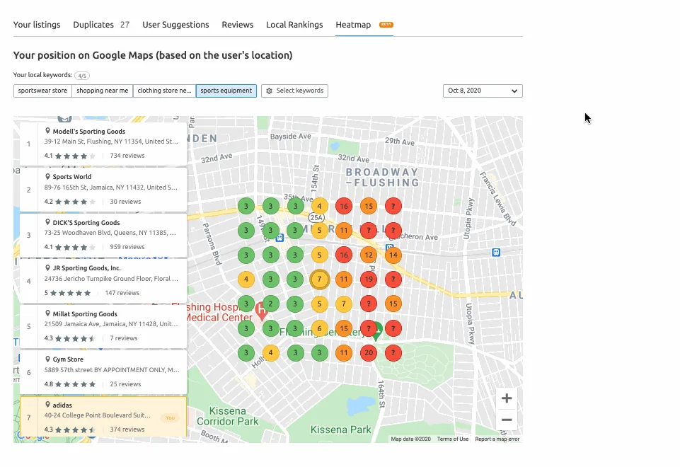 Semrush 的 Map Rank Tracker Listing Management 工具的热力图,按位置显示你的排名。