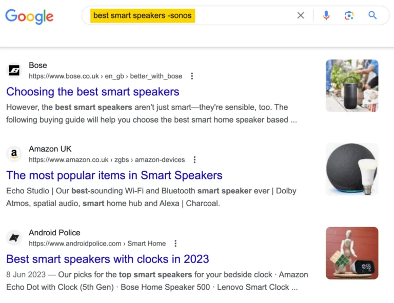 在 Google 中搜索排除某个特定品牌的产品清单式文章