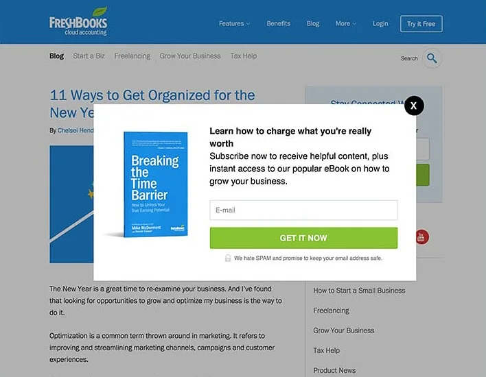 FreshBooks 的电子邮件营销订阅表单弹窗