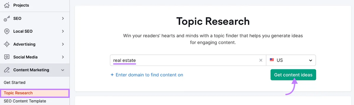 在 Topic Research 搜索栏中输入的“real estate”