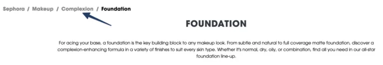 Sephora 网站上的面包屑链接