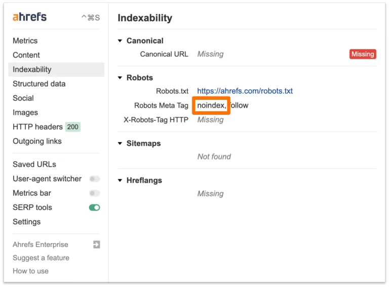 Ahrefs SEO Toolbar 中的 noindex