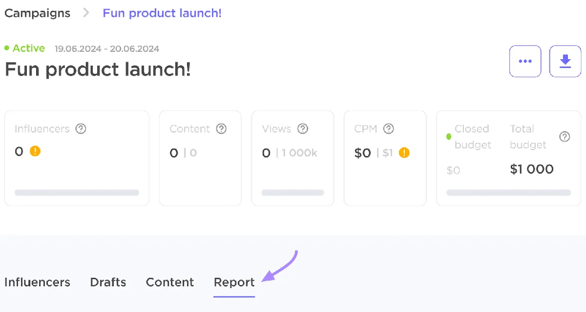 Influencer Analytics 营销活动管理仪表板，“Report”标签页已用紫色箭头高亮显示。