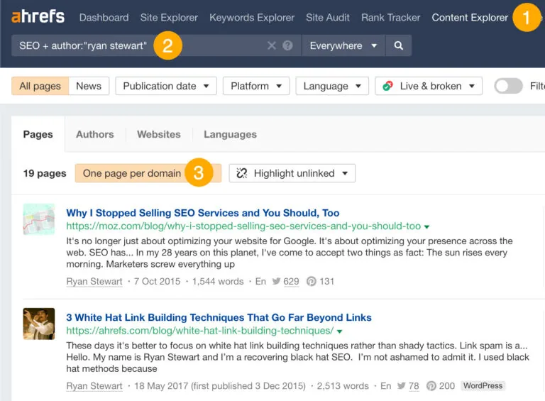 在 Ahrefs' Content Explorer 中搜索某位高产客座博主的文章
