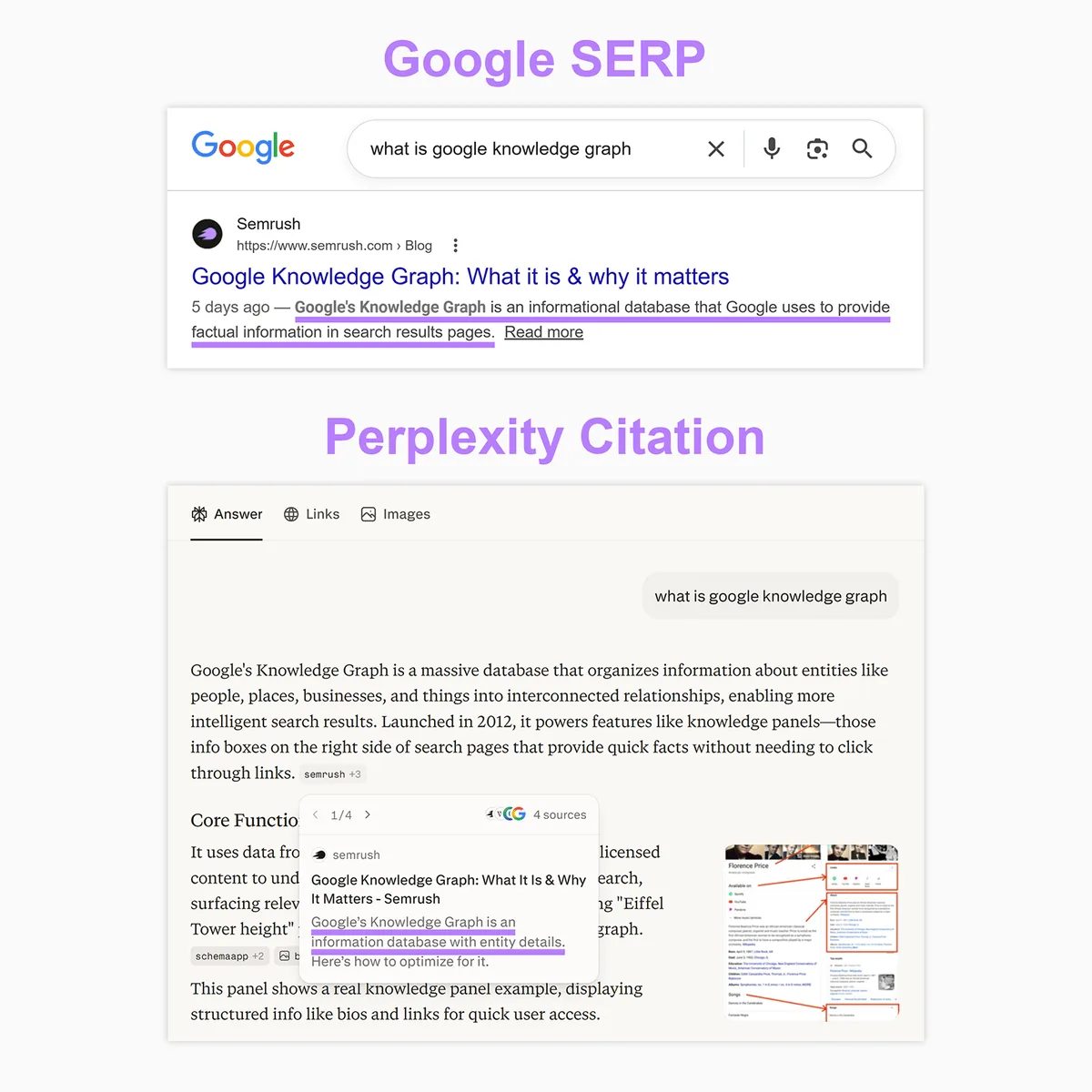 对比 Google 搜索结果页面结果和 Perplexity 引用,展示元描述在不同搜索工具中的呈现方式。