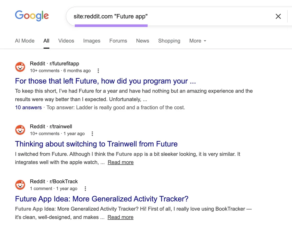 Google 搜索结果页面输入了站点搜索运算符，显示提及某竞争品牌的 Reddit 帖子列表。