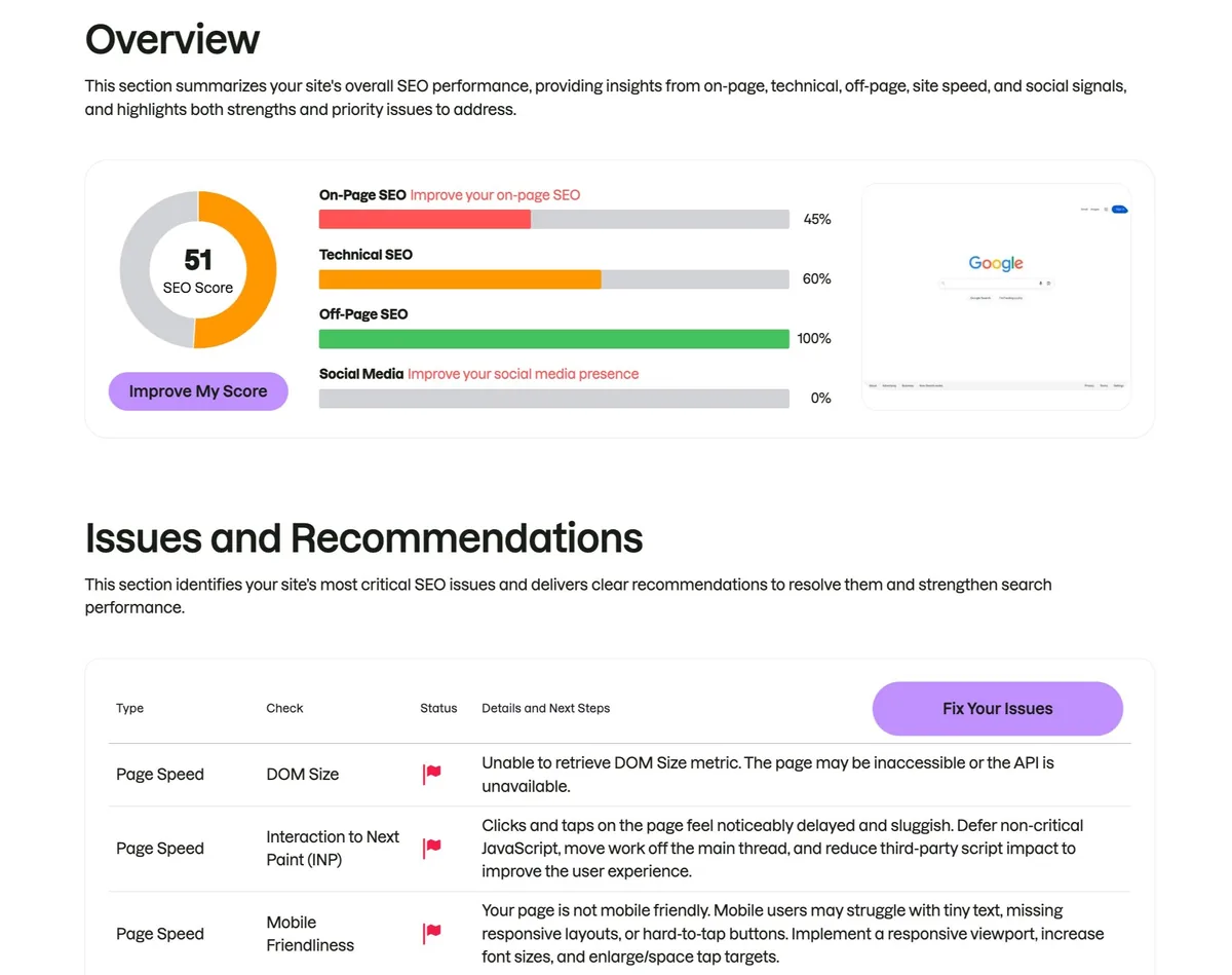 SEO Checker 报告显示按类别细分的总体得分