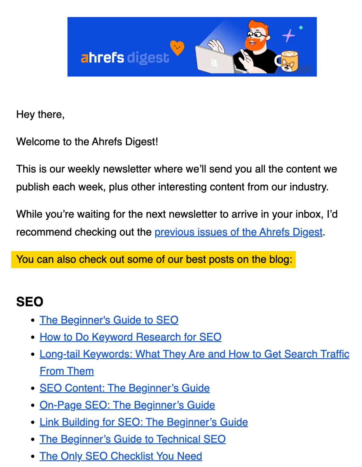 Ahrefs Digest 的“欢迎”邮件