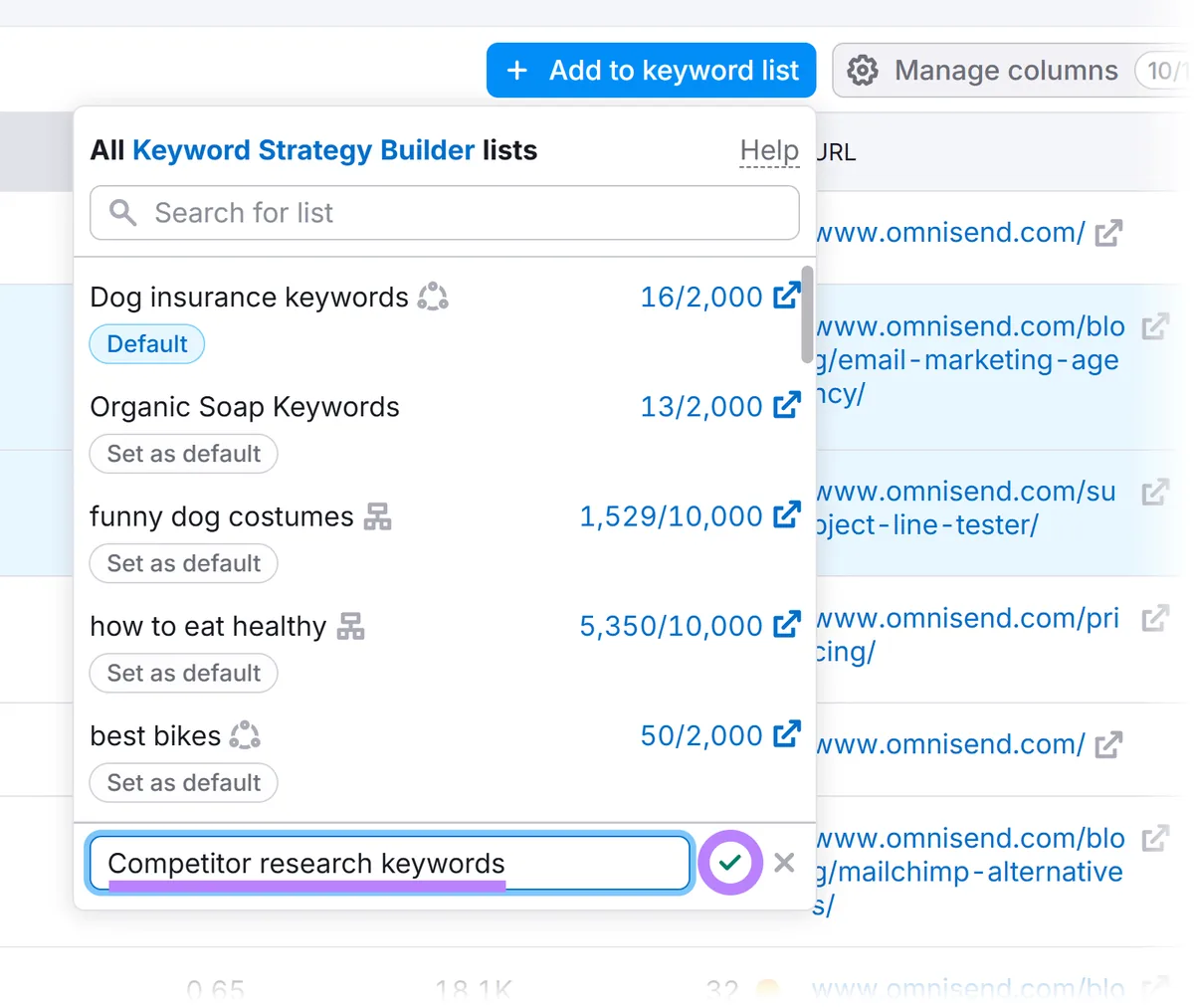 为关键词列表命名的下拉菜单,已输入“Competitor research keywords”