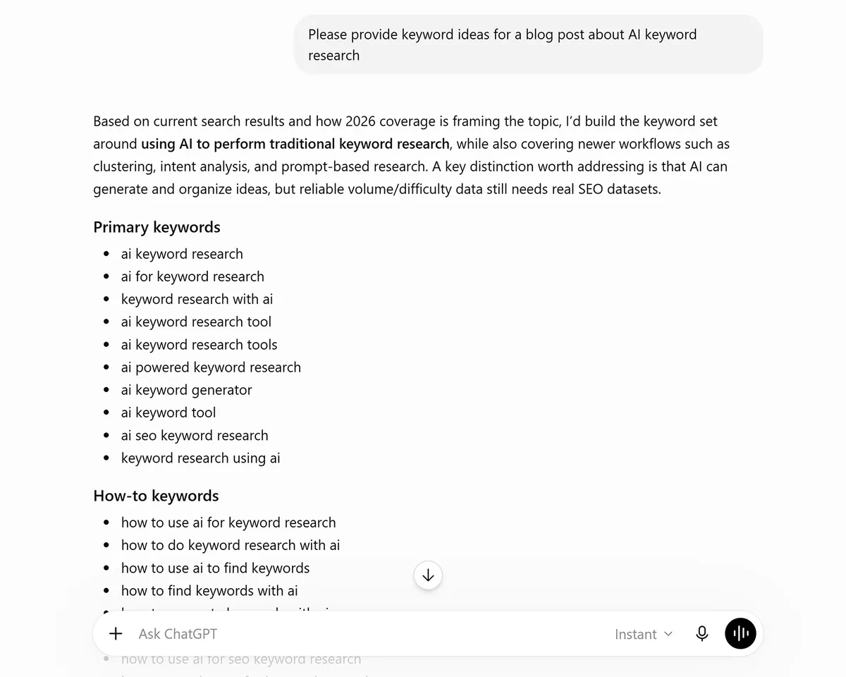 ChatGPT 列出与 AI 关键词研究相关的核心关键词和操作指南类关键词