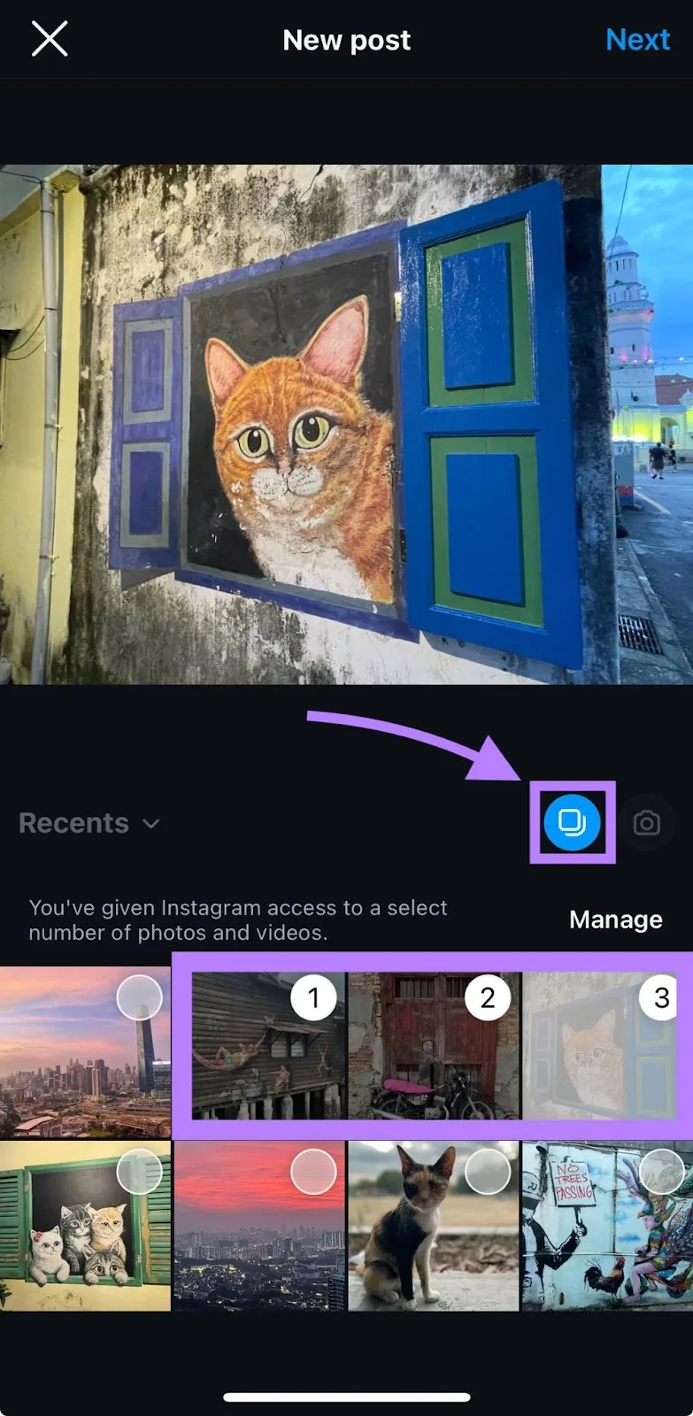 Instagram 上的“New post”窗口,点击了轮播图标并选择了多张要发布的图片。