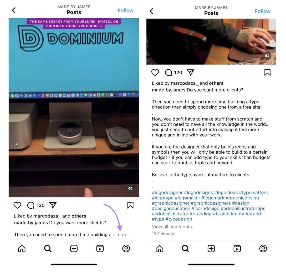 信息流中的 Instagram 帖子,左侧为被截断的说明文字,点击“more”后右侧为完整说明文字。