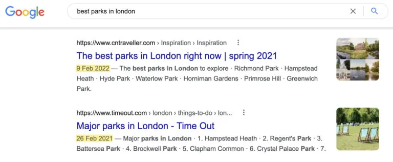 “best parks in london”的搜索结果不太新鲜