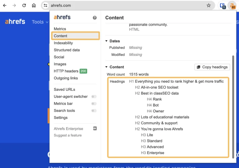 用 Ahrefs SEO Toolbar 检查你的内容结构