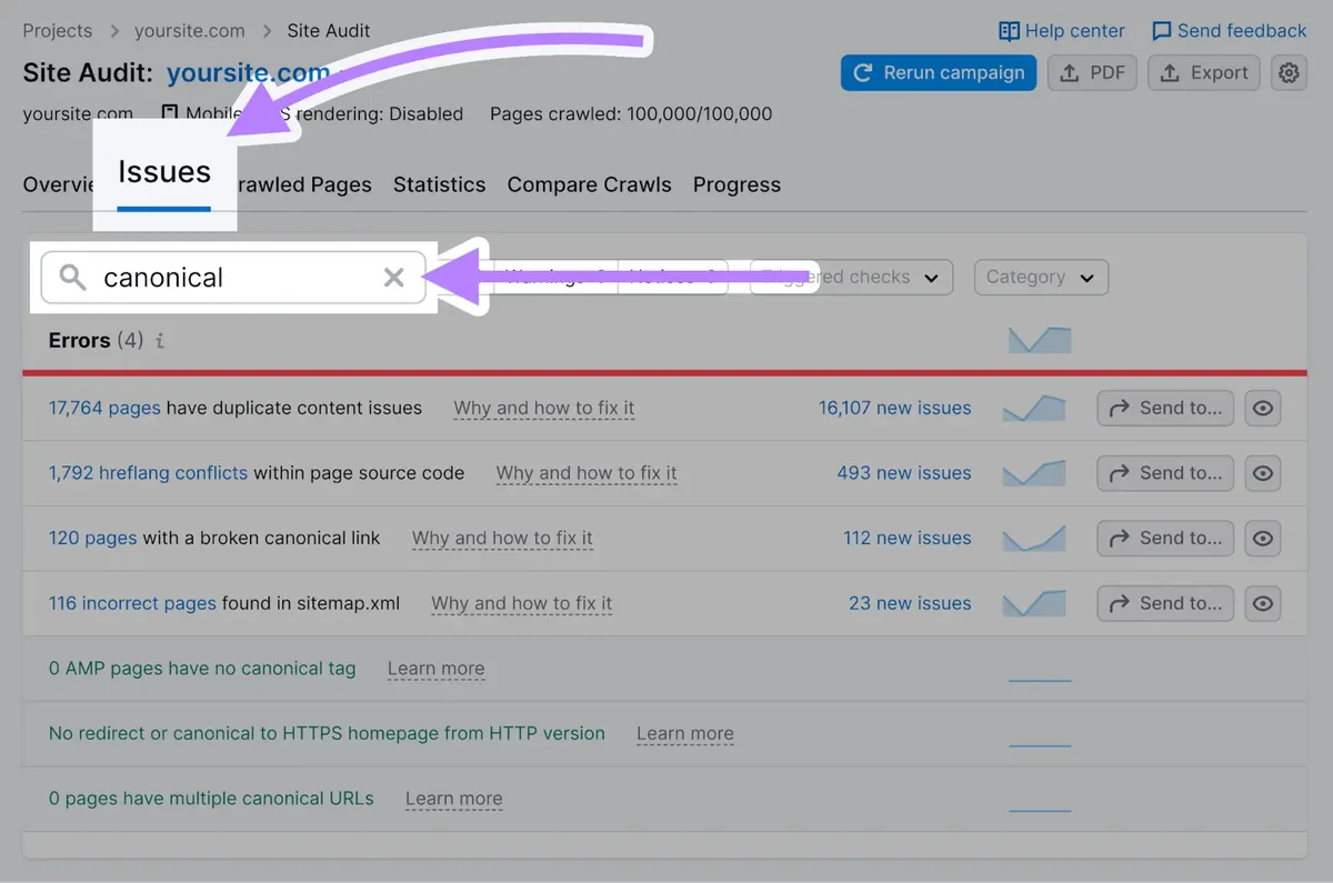 Site Audit 工具“Issues”标签页，高亮网站上发现的 canonical 问题