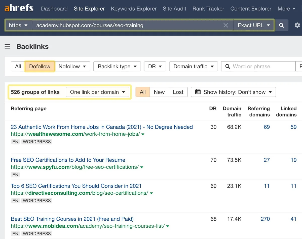Hubspot Academy “seo training course” 页面的反向链接报告