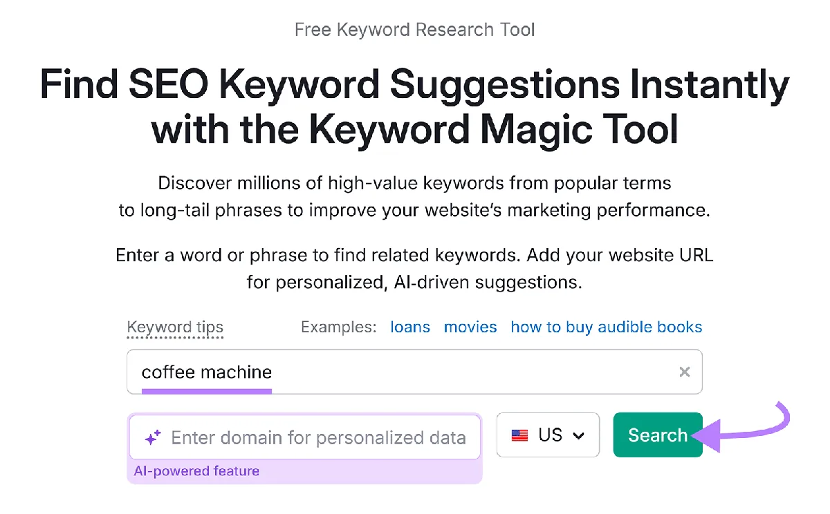 Semrush Keyword Magic Tool 起始页，已输入“coffee machine”，突出显示 Search 按钮
