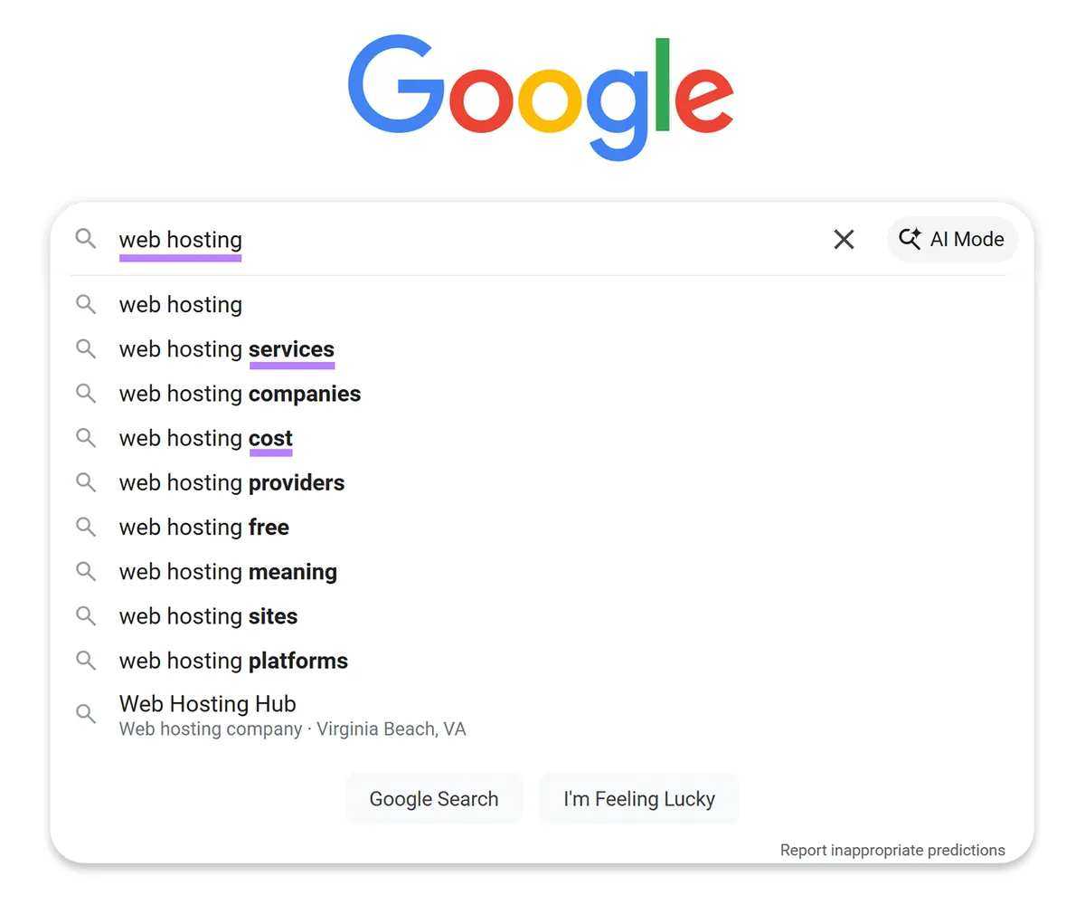 搜索查询“web hosting”的 Google 自动补全建议