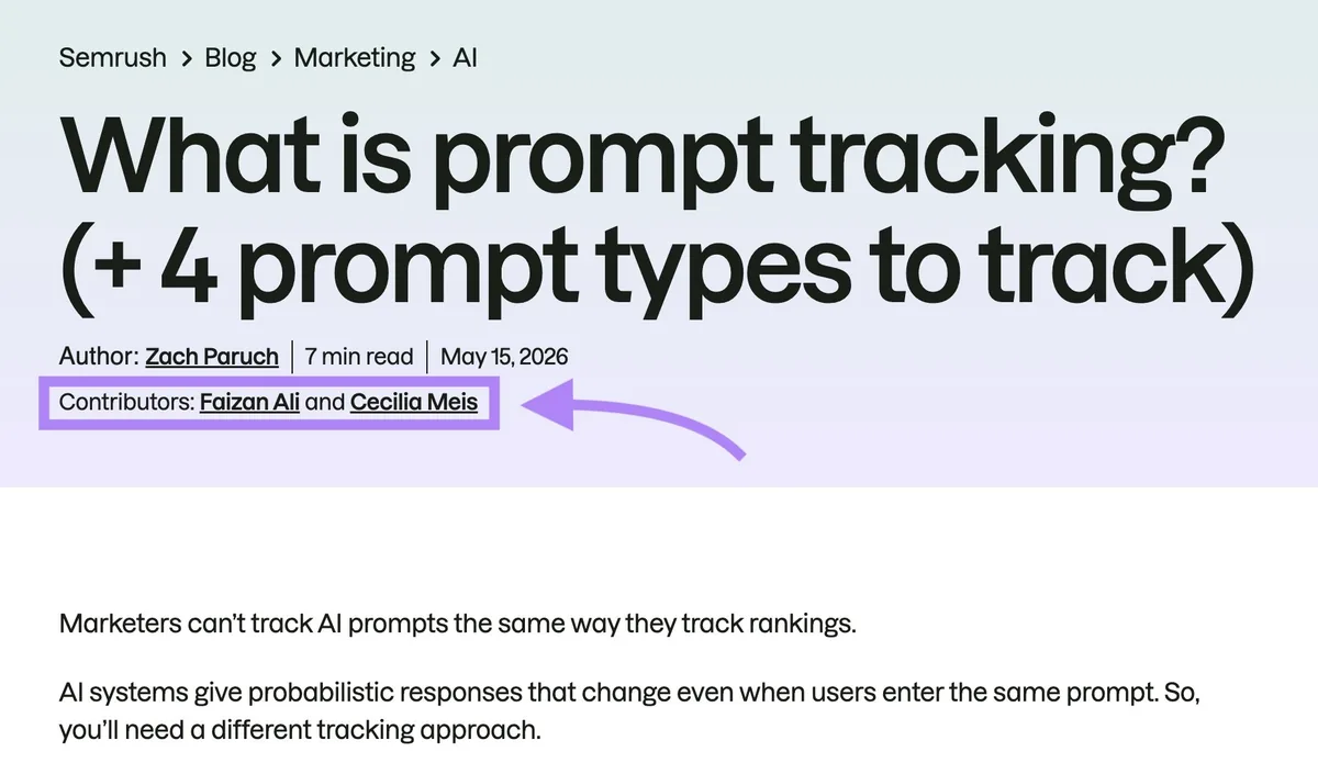 Semrush 的一篇博客文章，署名栏中的“Contributors”被突出显示。