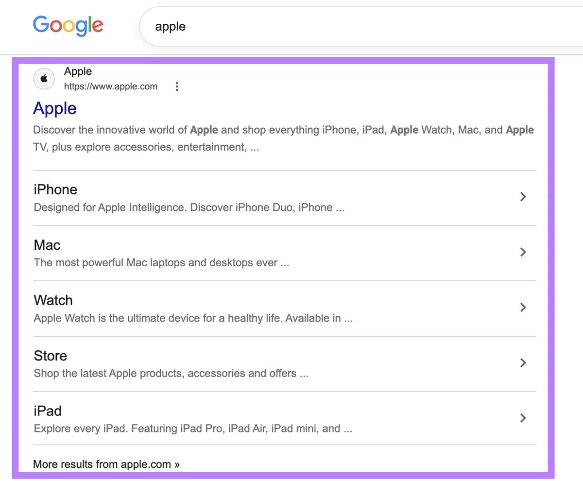 词条“apple”的 Google 搜索结果页面,科技品牌 Apple 的网站显示为顶部结果。