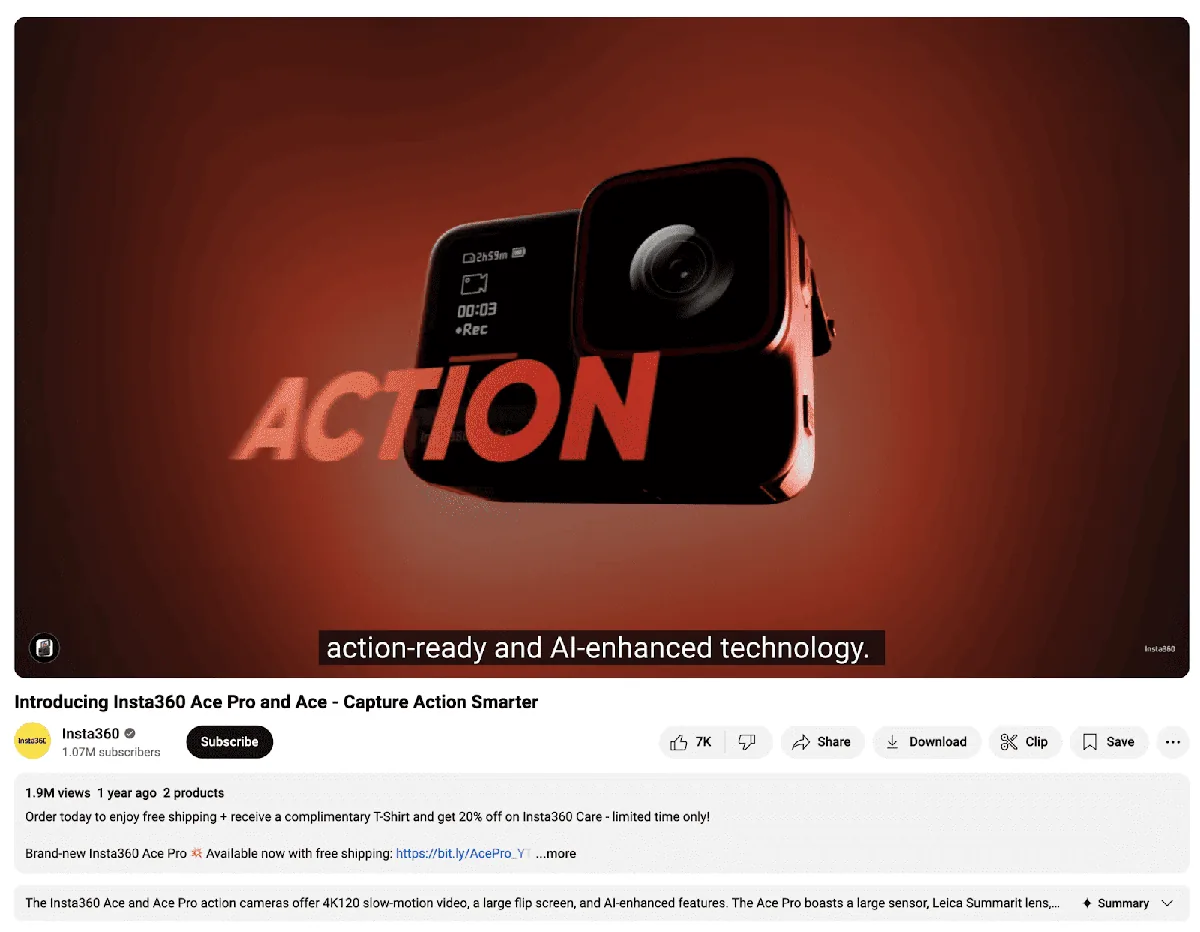 Insta360 的“Introducing Insta360 Ace Pro and Ace - Capture Action Smarter”广告