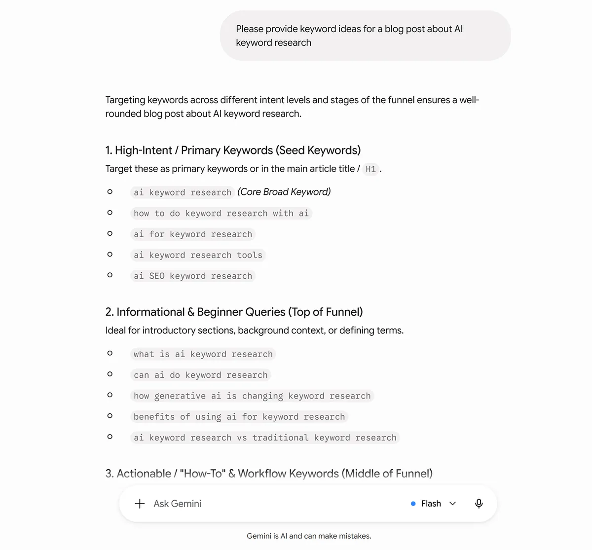 Gemini 将 AI 关键词研究词分组为主要、信息型和流程类关键词