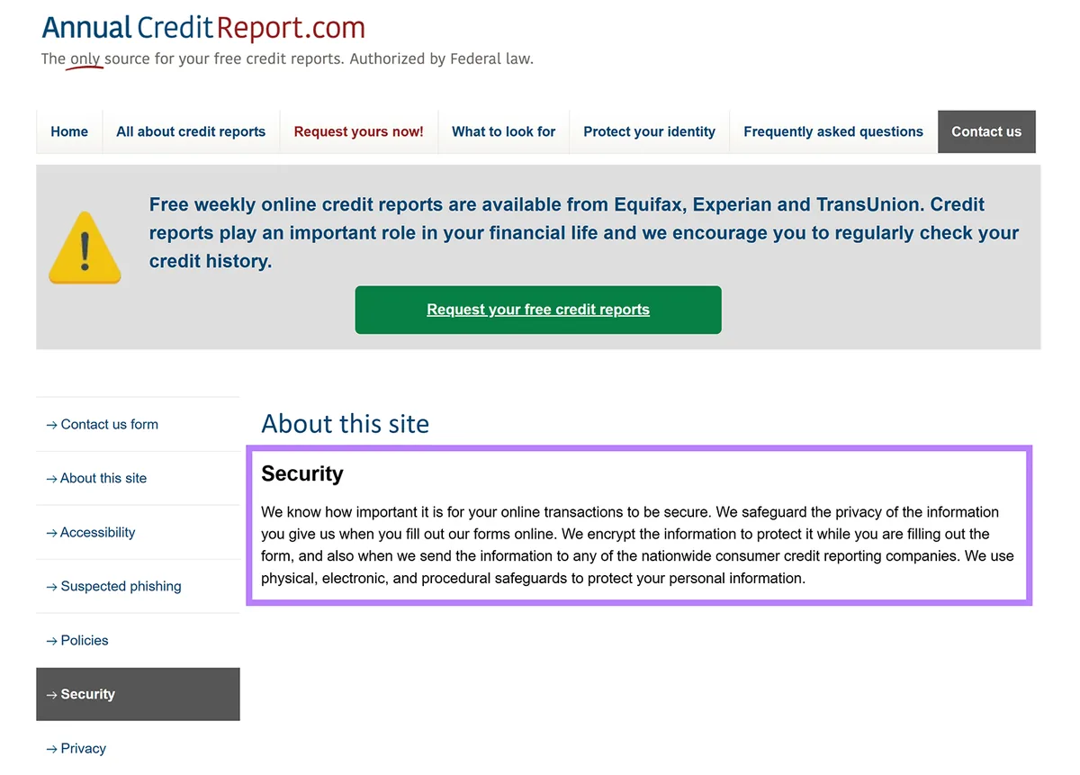 AnnualCreditReport.com 安全页面,说明在线信用报告申请的保护措施
