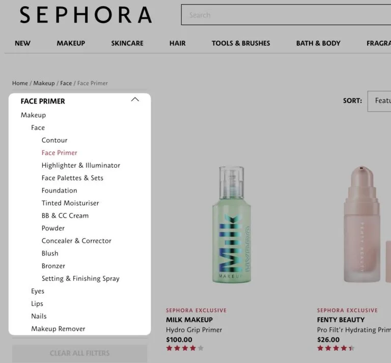 Sephora 上的侧边栏链接