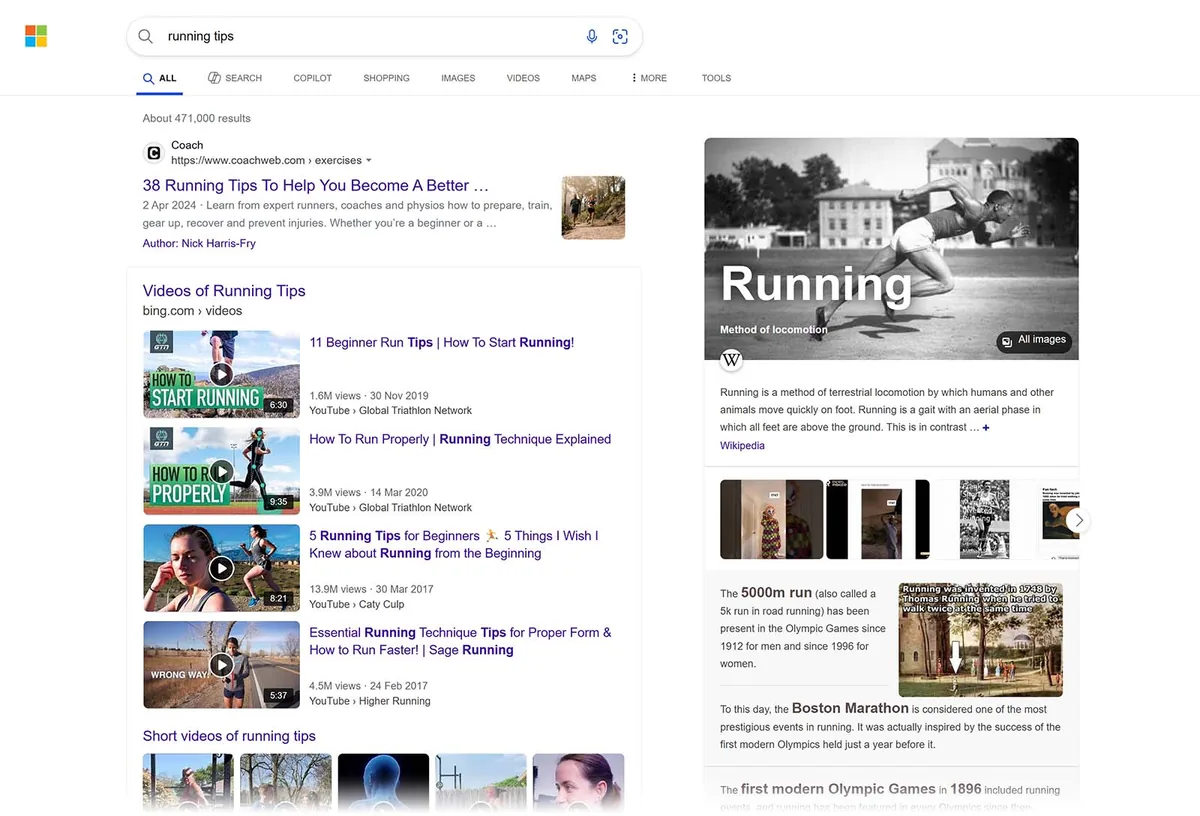 Bing 对 running tips 的结果显示精选文章、YouTube 视频以及含短跑运动员照片的跑步信息面板。