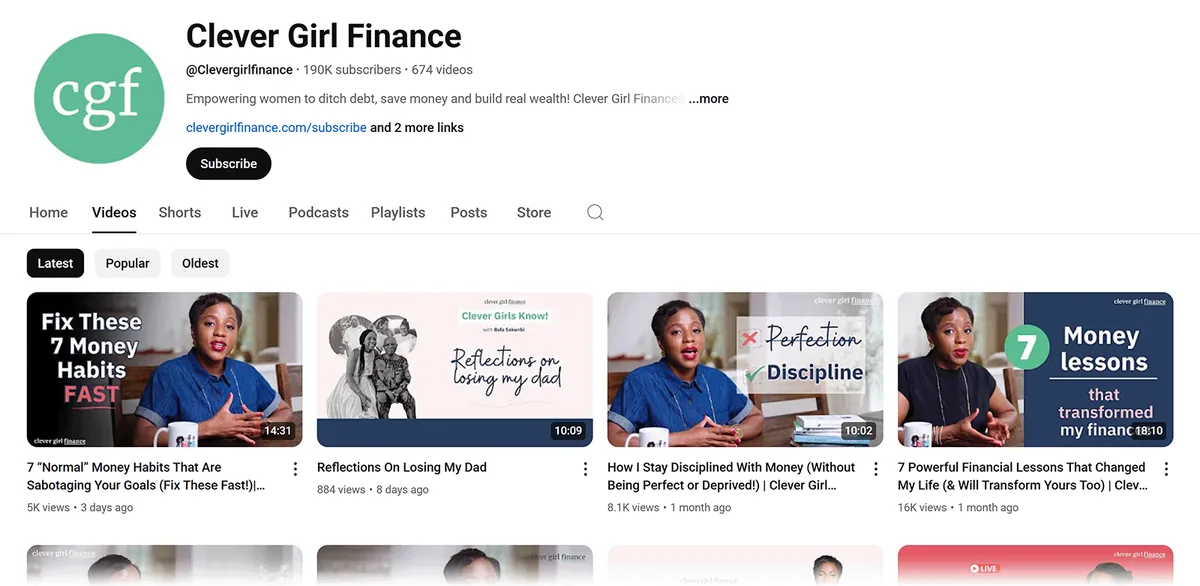 Clever Girl Finance YouTube 频道的“视频”标签页,显示近期上传内容。