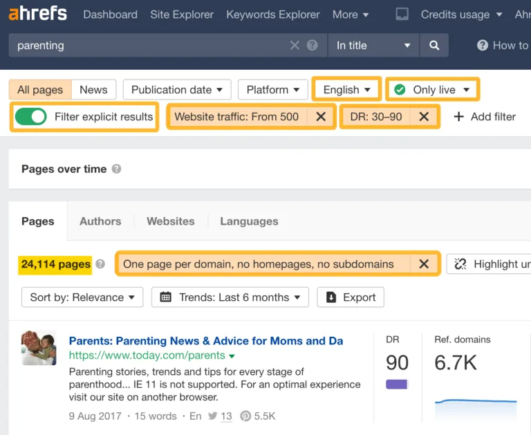 使用 Ahrefs 的 Content Explorer 寻找客座博客机会