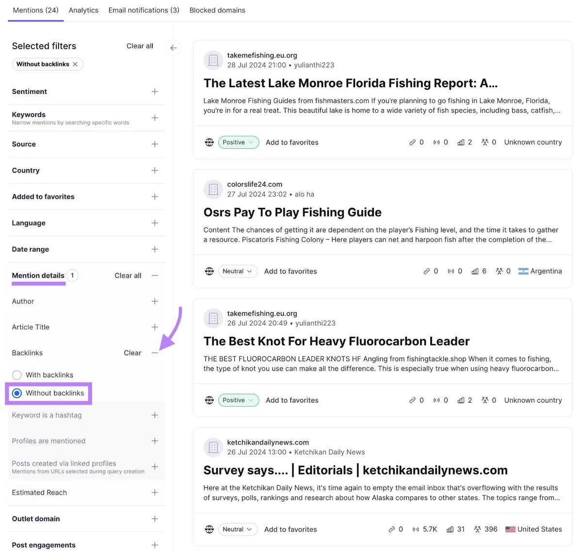 Brand Monitoring 工具左侧菜单中“Backlinks”子菜单下突出显示的“Mention details”菜单和“Without backlinks”筛选器。