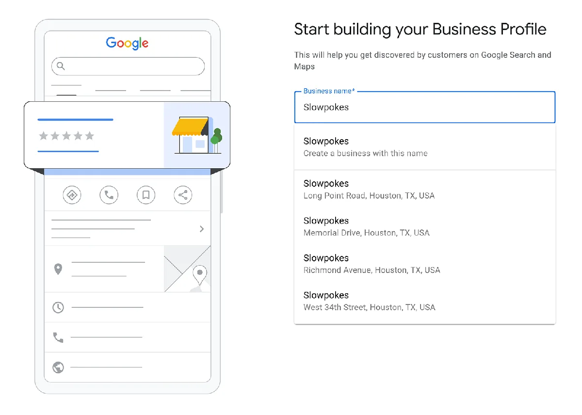 Google Business Profile 设置界面,正在输入商家名称,显示现有地点的建议