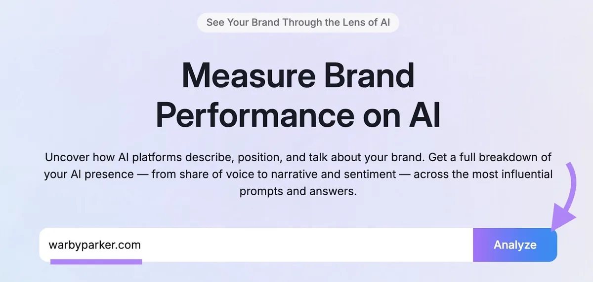 AI Visibility Toolkit 上的 Brand Performance 工具起始界面,已输入域名并点击“Analyze”。