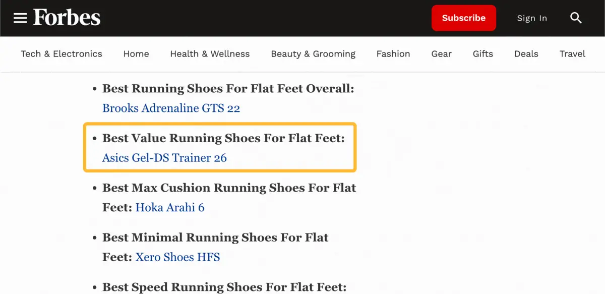 “best running shoes for flat feet”的许多首页结果都在讨论最佳平价选择