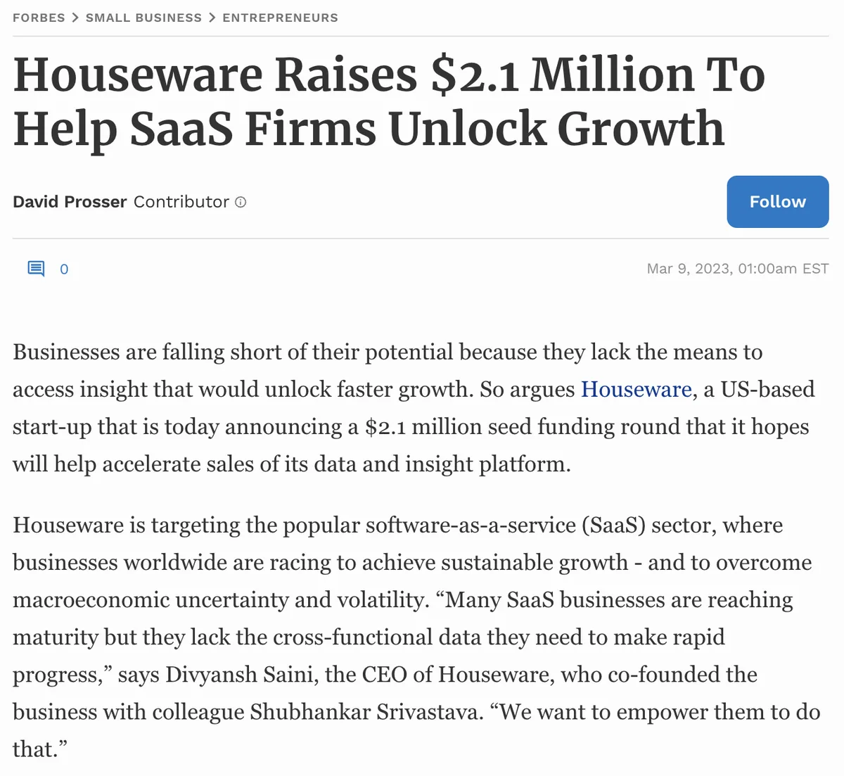 Forbes 的文章，标题为“Houseware raises $2.1 million to help SaaS firms unlock growth”