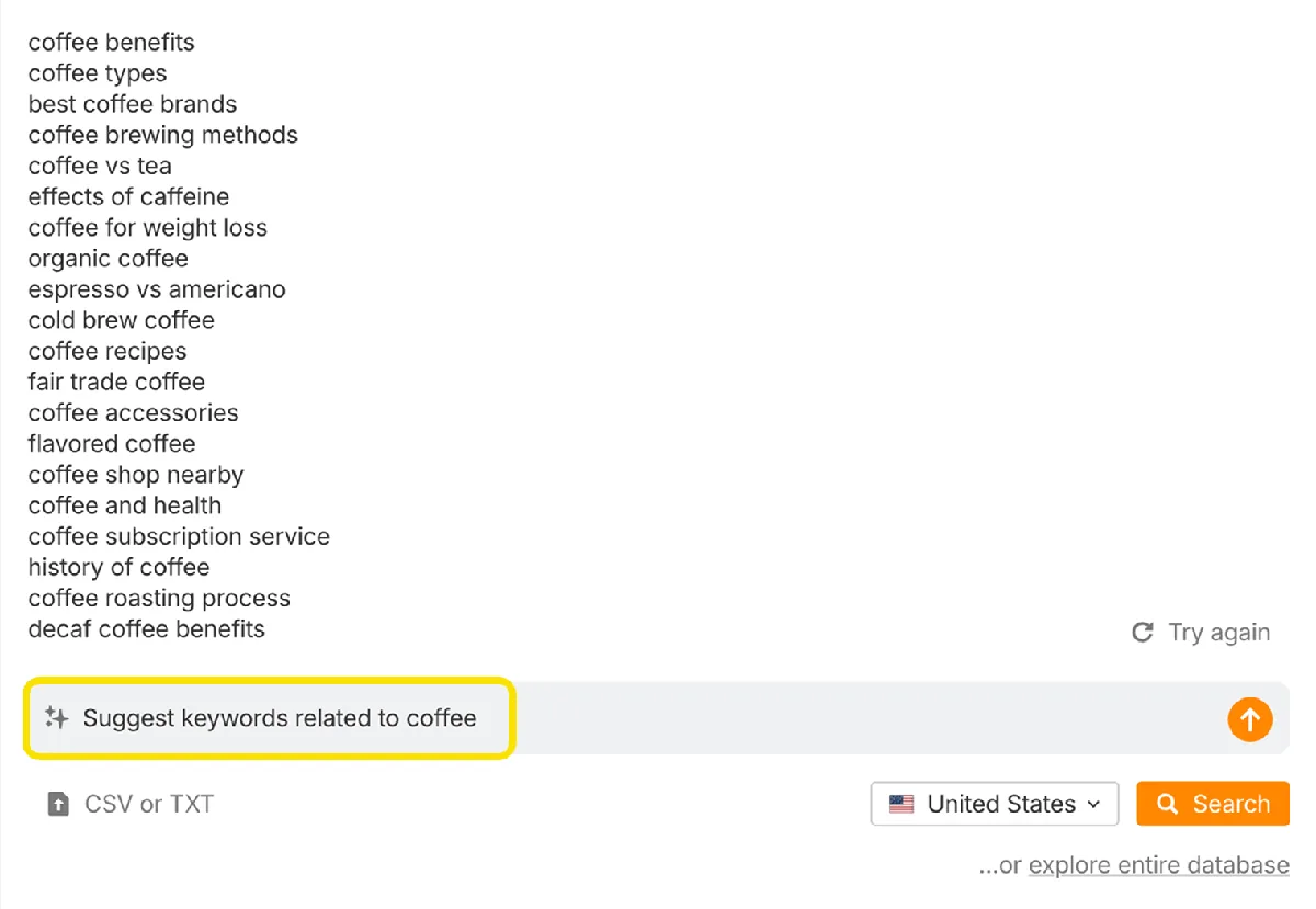 Ahrefs Keywords Explorer 展示 20 个 AI 额外生成的种子关键词