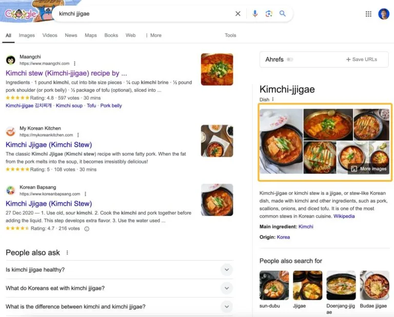 Google 在实体“kimchi jjigae(泡菜汤)”的知识面板中显示图片