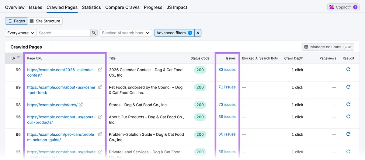“Crawled Pages”标签页,慢速页面以及“Page URL”和“Issues”列高亮。