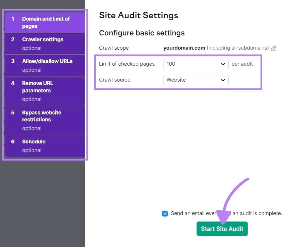 “Site Audit Settings”窗口,设置标签页和“Start Site Audit”按钮被突出显示。