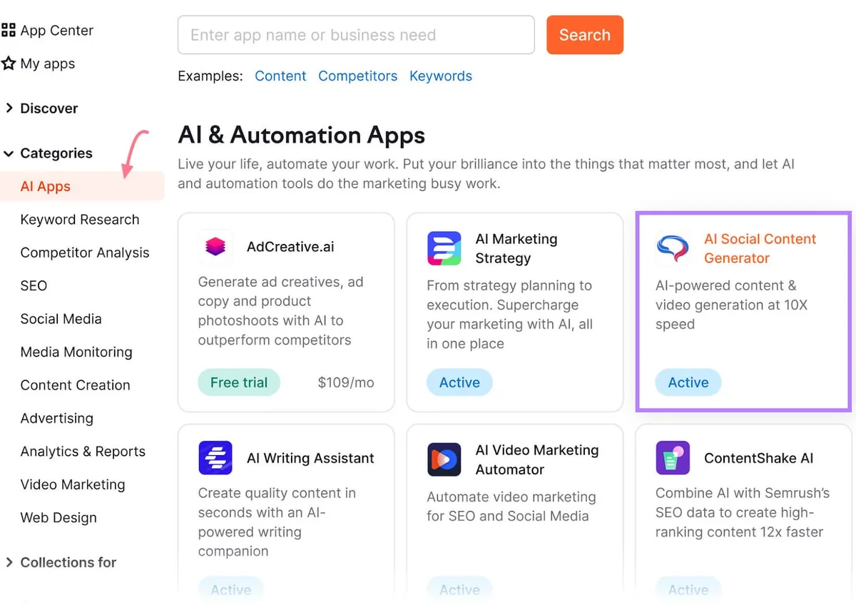 应用中心的“AI 与自动化应用”板块，其中“AI Social Content Generator”以紫色方框高亮。