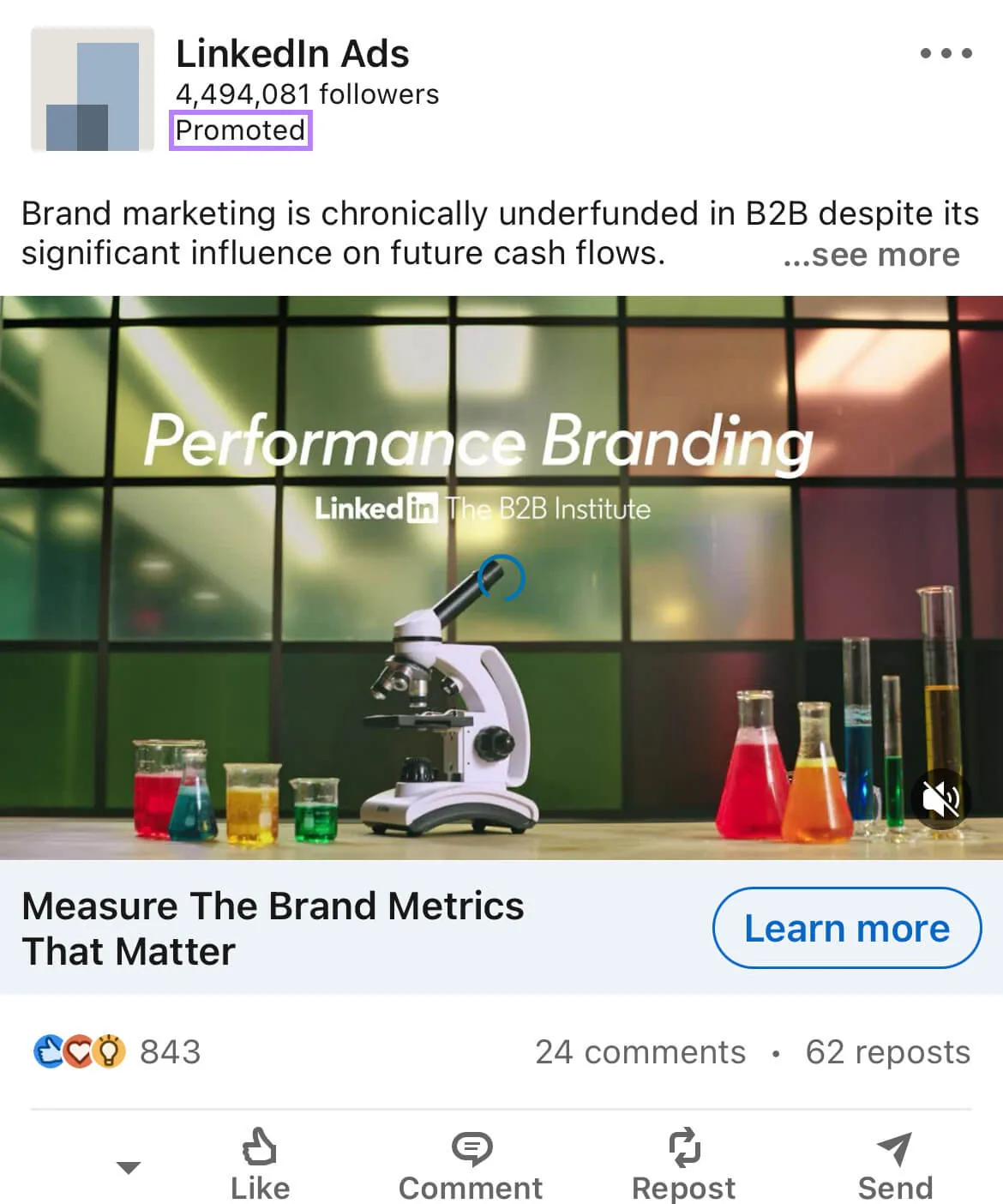LinkedIn Ads 赞助内容，主题是衡量真正重要的品牌指标