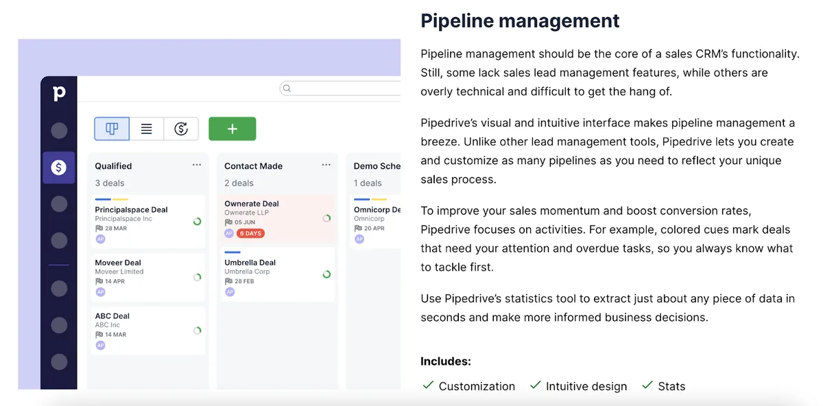 Pipedrive 首页展示产品中的销售管道管理