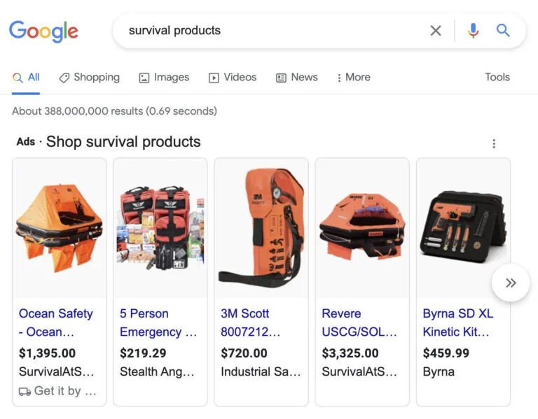 Google 针对“survival products”的搜索结果页面