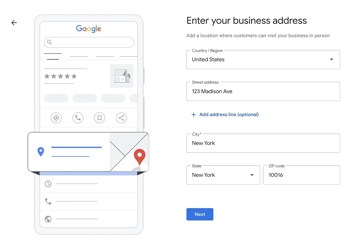 Google Business Profile 设置页面,已输入地址。