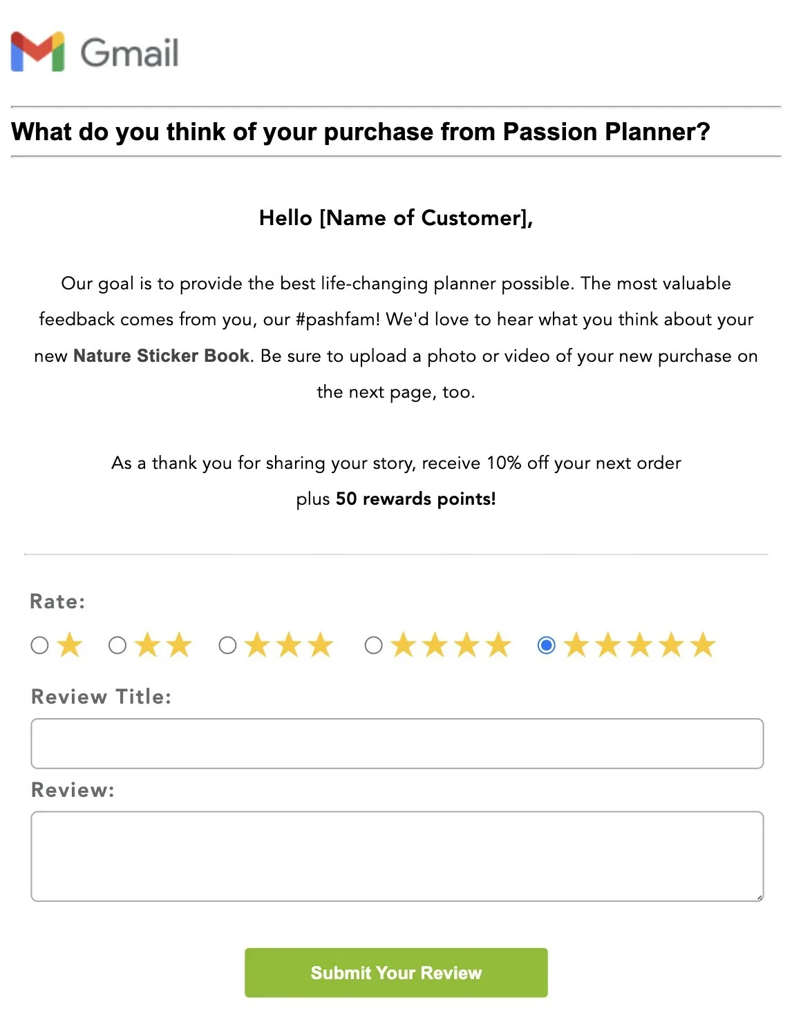 Passion Planner 请求顾客留评的邮件